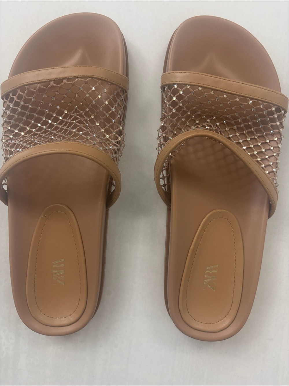 Zara Tan Mesh Slide Sandals with Metallic Accents